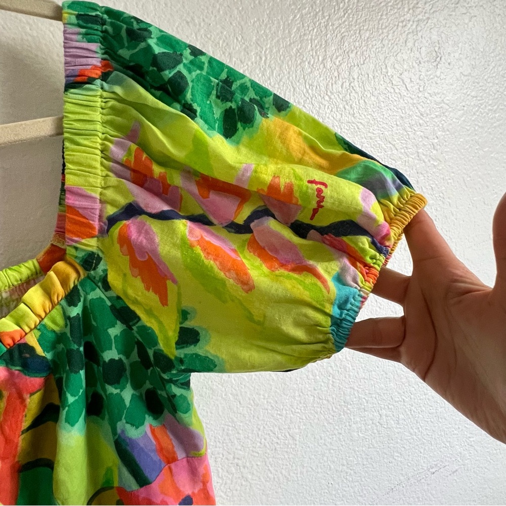 Anthropologie Farm Rio Midi Dress Puff Sleeves Green, Yellow, and Pink NWT - Picture 8 of 12